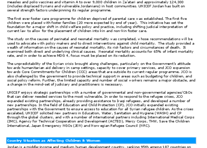 UNICEF Annual Report 2012 for Jordan;; MENA PDF file screenshot