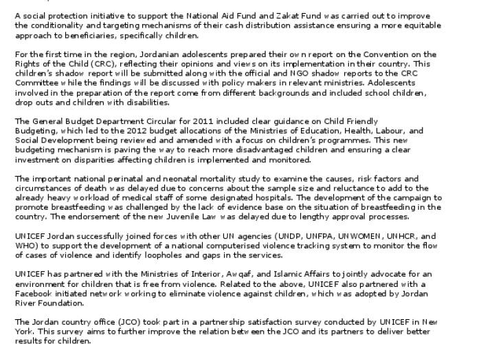 UNICEF Annual Report 2011 for Jordan;; MENA PDF file screenshot