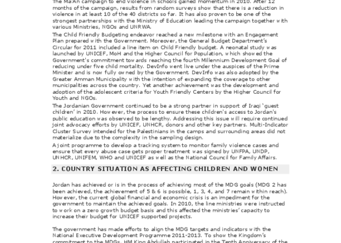 UNICEF Annual Report 2010 for Jordan;; MENA PDF file screenshot