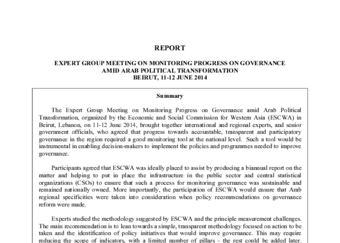 Expert Group Meeting on Monitoring Progress on Governance Amid Arab Political Transformation PDF file screenshot